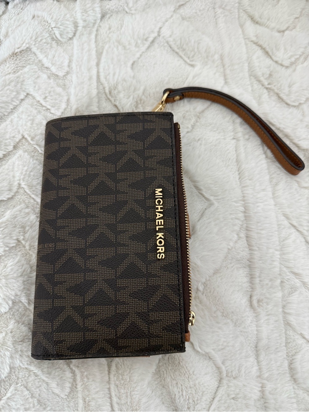 Michael Kors Brown Monogram Wristlet with Gold Hardware